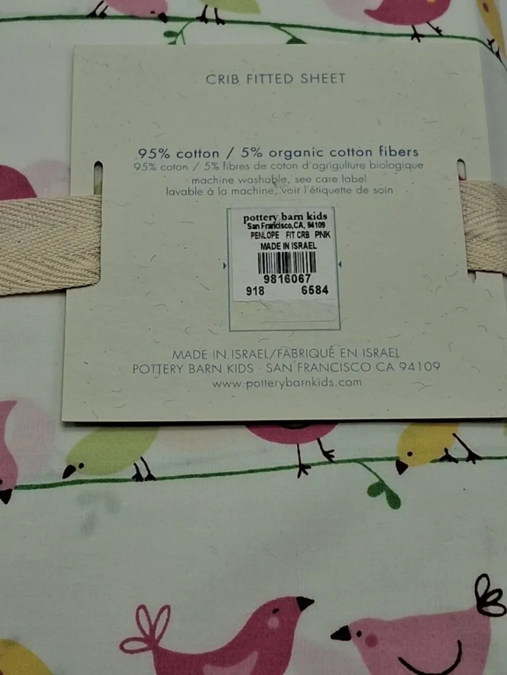 POTTERY BARN KIDS PENELOPE Bird Pink CRIB FITTED SHEET-Pink Yellow